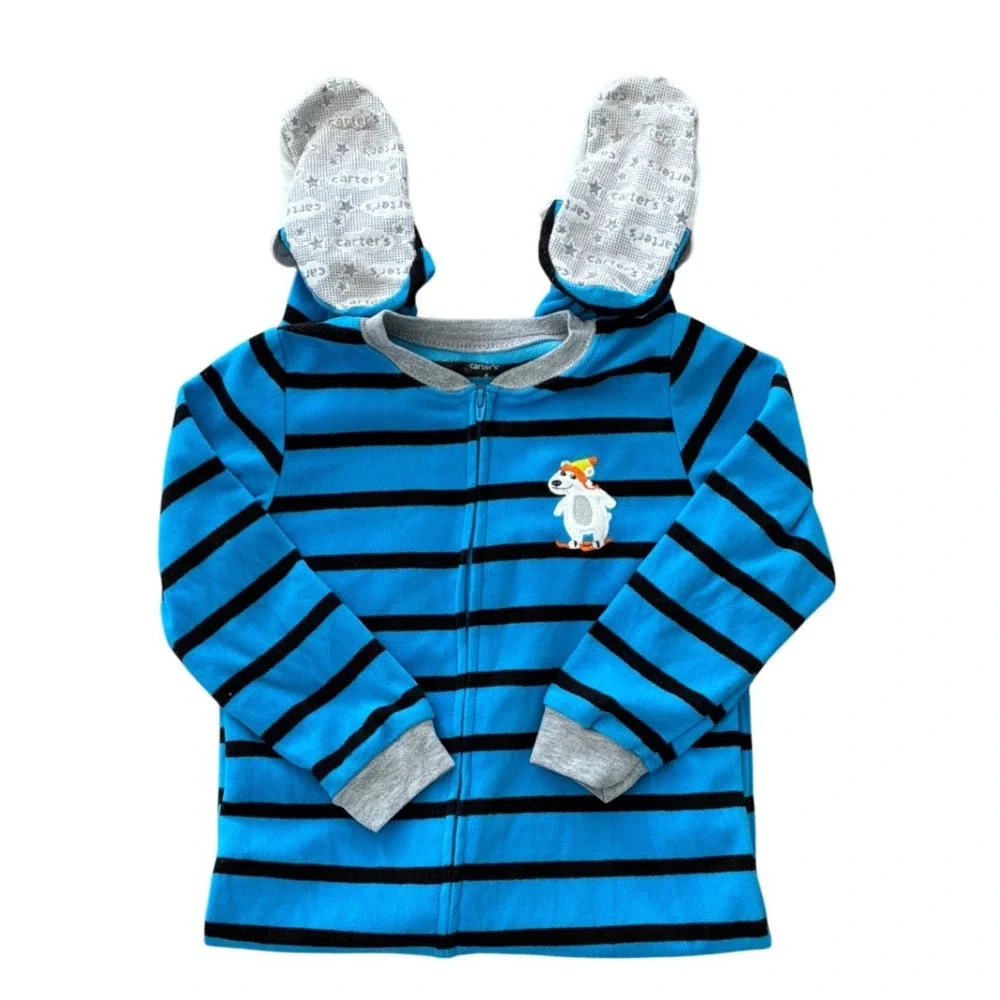 Carters Kids Blue Black Striped Polar Bear Fleece‎ Footed Pajamas Sleeper Size 4